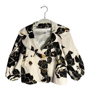 Cache Black and White Floral Jacket With Gold Buttons & Large Lapels Size Small